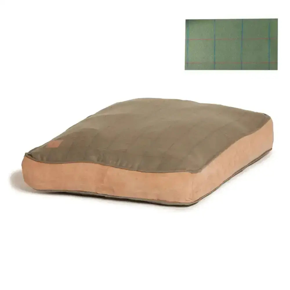Olive green and tan plush dog bed with soft cushioning in danish design tweed box duvet style for cozy pets
