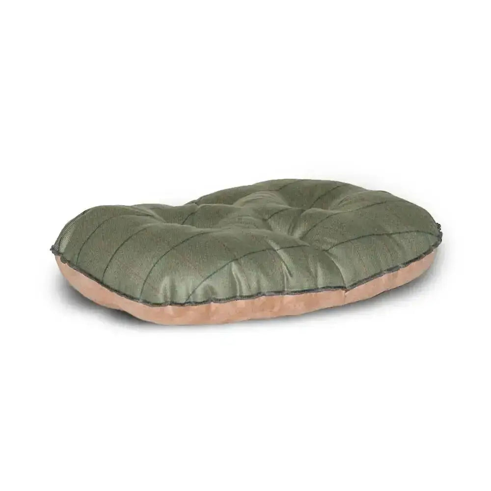 Olive green danish design tweed quilted mattress dog bed with tan cushion base for cozy pet comfort