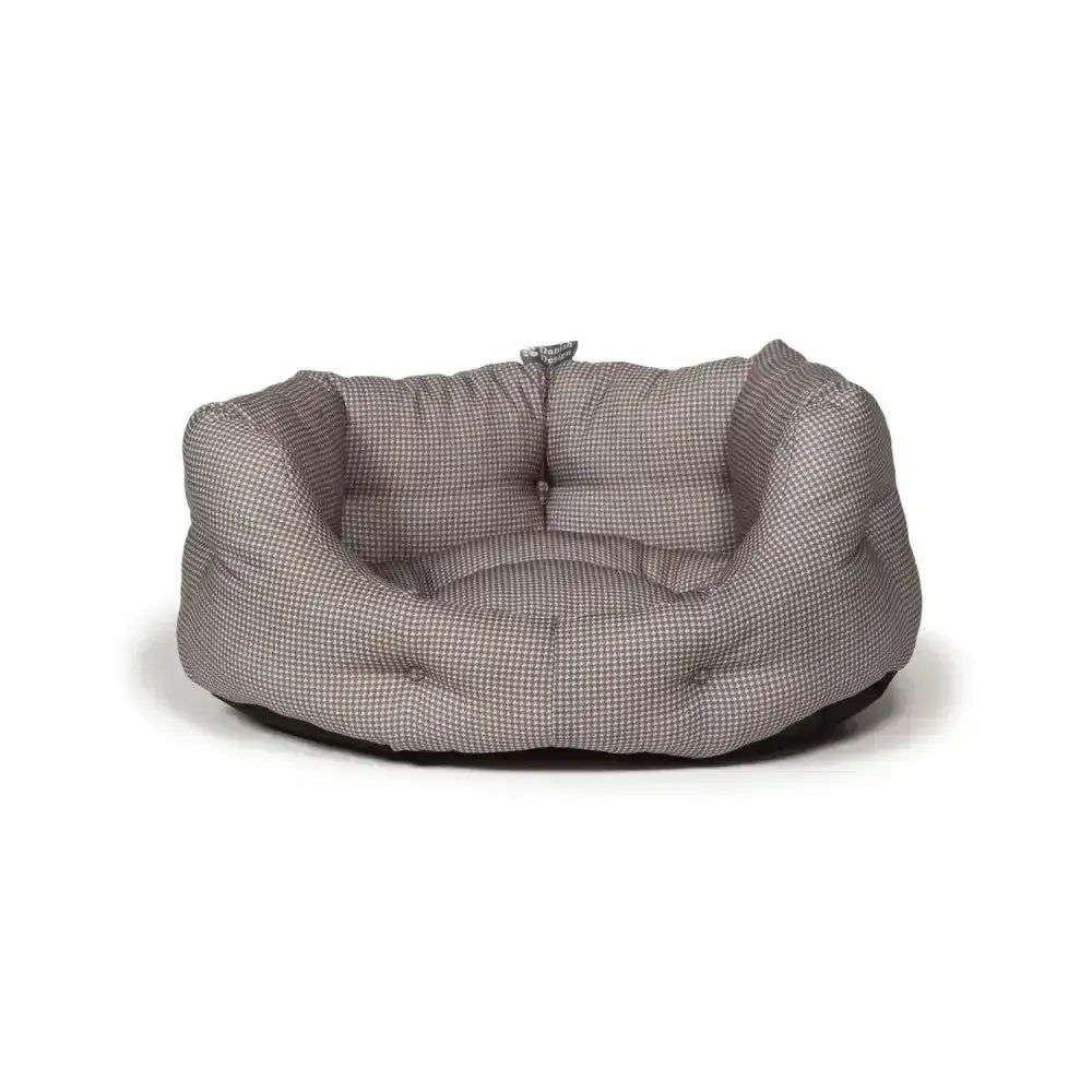 Gray houndstooth danish design vintage deluxe slumber bed dogstooth plush dog bed with tufted edges and dark base