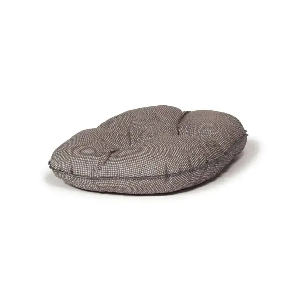 Gray checkered cushion with tufted design on danish design vintage quilted mattress dogstooth dog bed