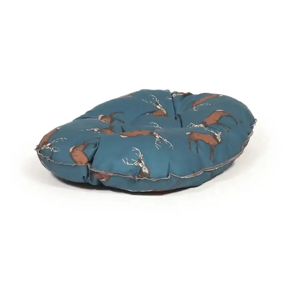 Teal plush dog bed with quilted mattress featuring brown and white deer pattern danish design woodland stag deep fill