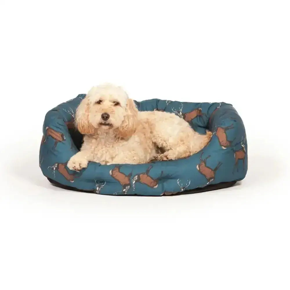 Teal danish design woodland stag deluxe dog bed with brown dachshund and silver iconic woodland creature pattern