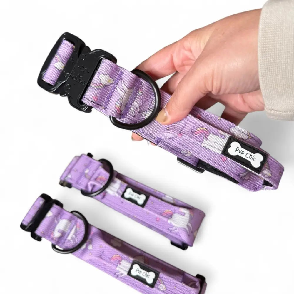 Purple dog collar with whimsical unicorns and rainbows pattern featuring black buckle and d-ring for pup chic style