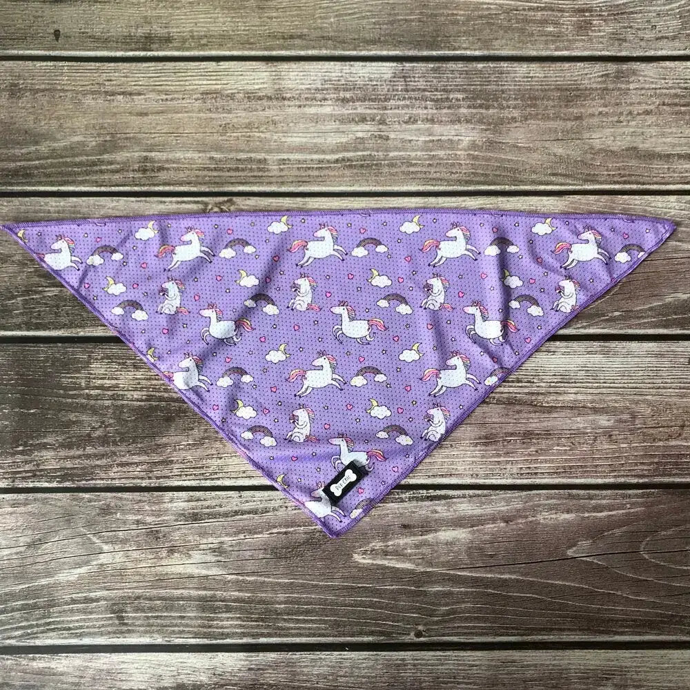 Purple triangular mesh cooling bandana with white unicorns rainbows and clouds perfect unicorns cooling bandana