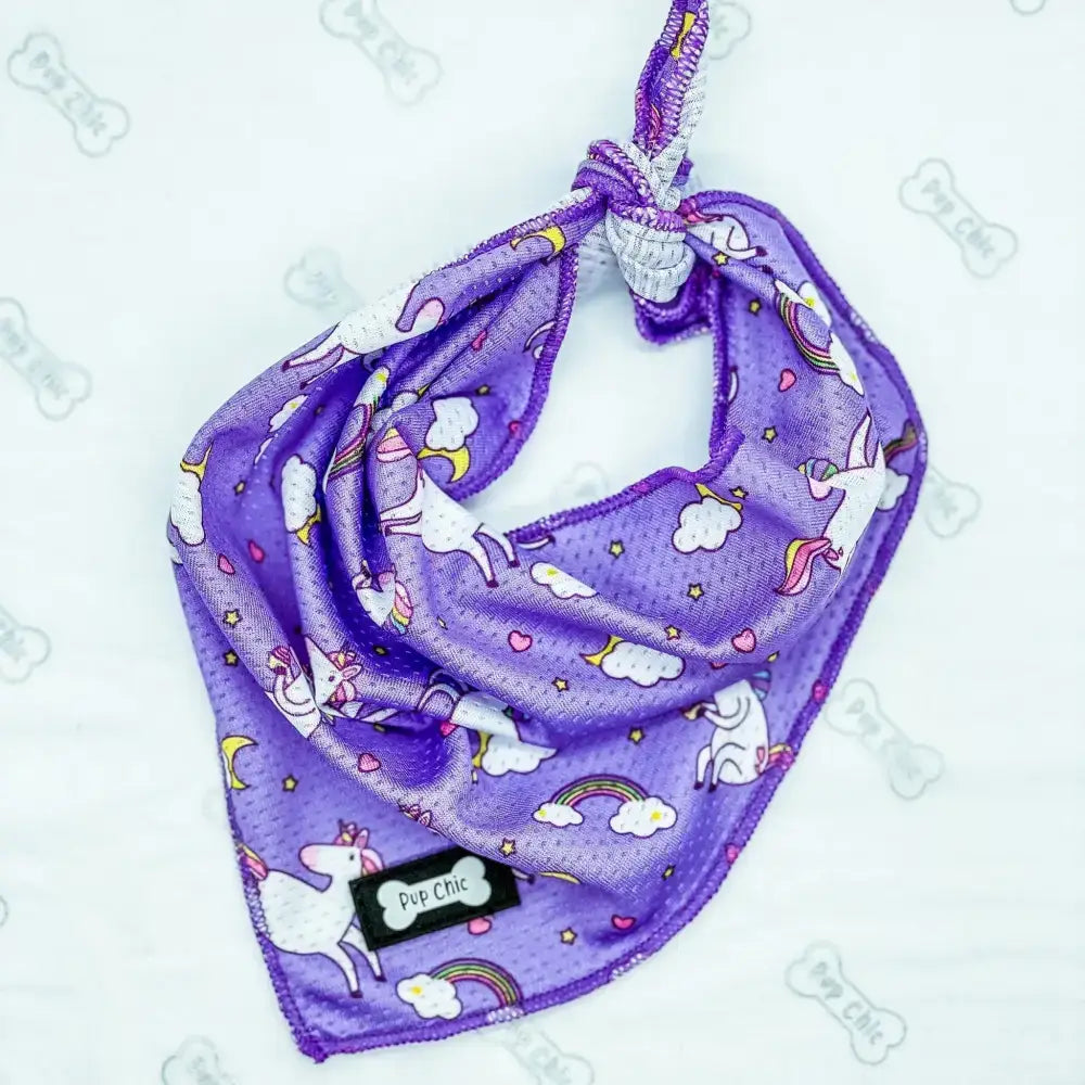 Purple unicorns cooling bandana with mesh texture and white pink rainbow accents for keeping cool
