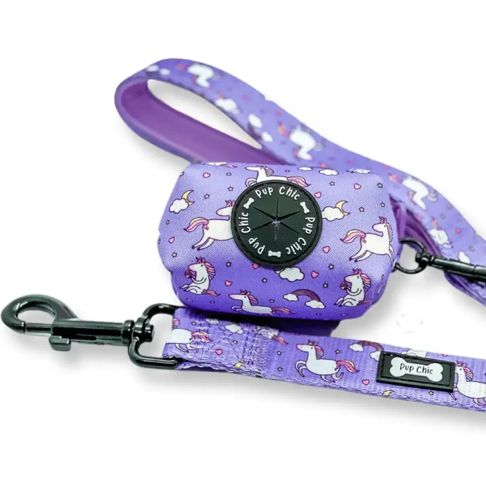 Purple unicorns poo bag holder with black button and matching leash from pup chic for easy treat holder use