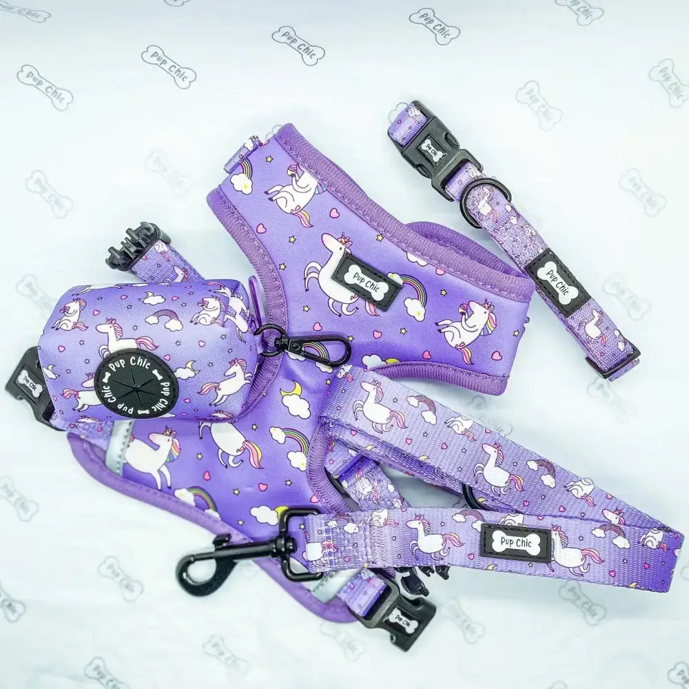 Purple unicorn-themed dog harness and leash set by pop chic with matching unicorns poo bag holder and treat holder