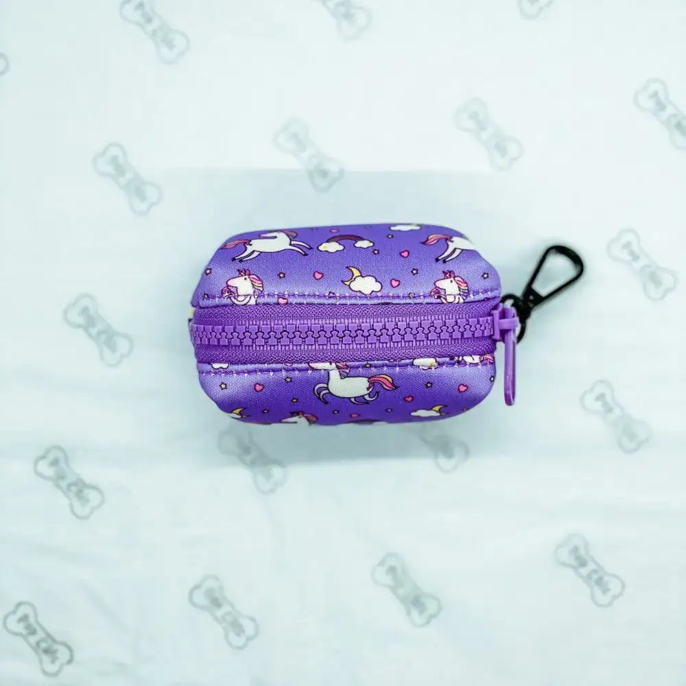 Purple unicorns poo bag holder pouch with black carabiner clip perfect as a treat holder or poo bag holder