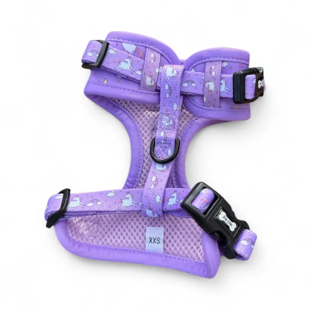 Purple unicorns step-in dog harness with black buckles and mesh lining adjustable small dog pup chic harness