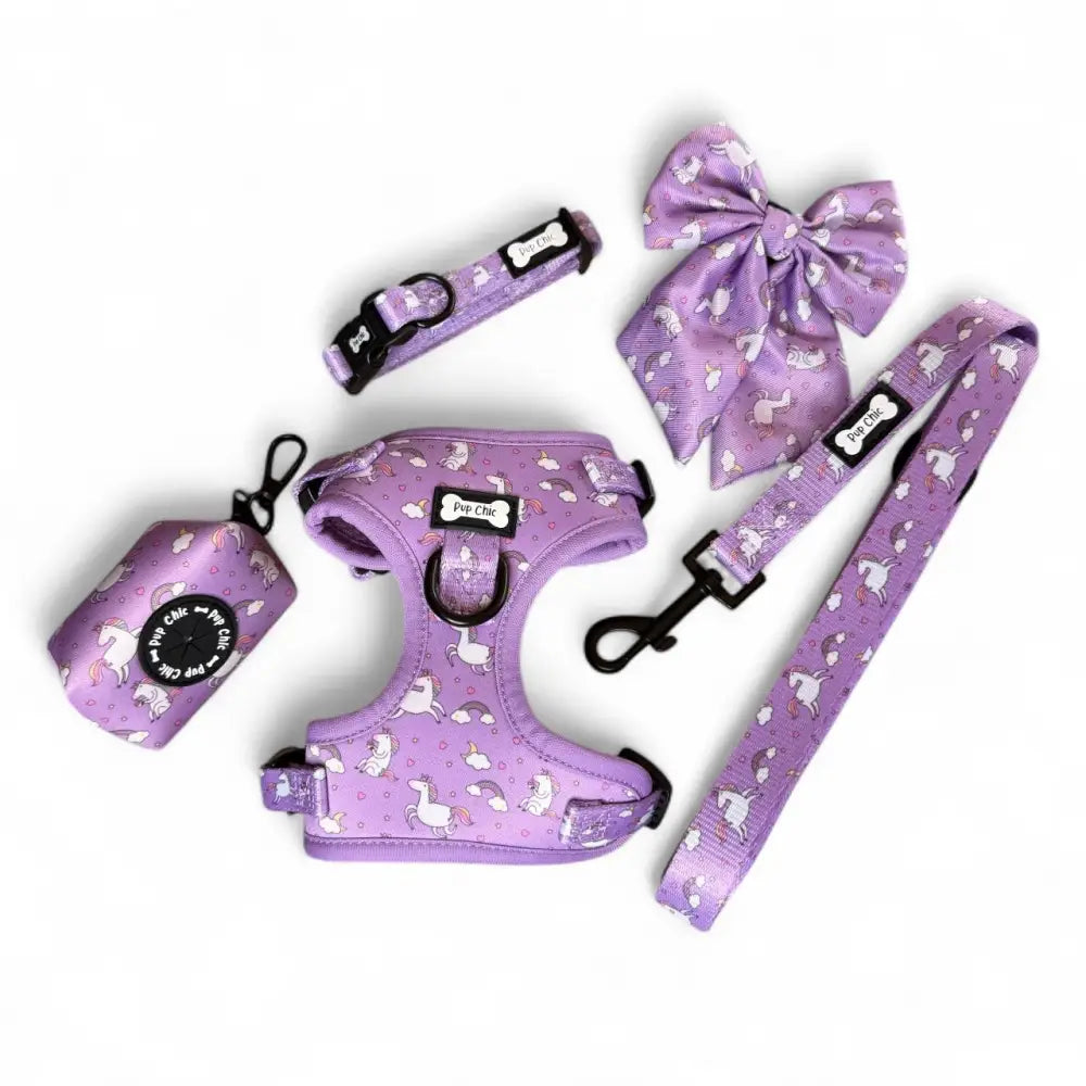 Purple unicorns step-in adjustable small dog harness set by pup chic perfect for tiny pups