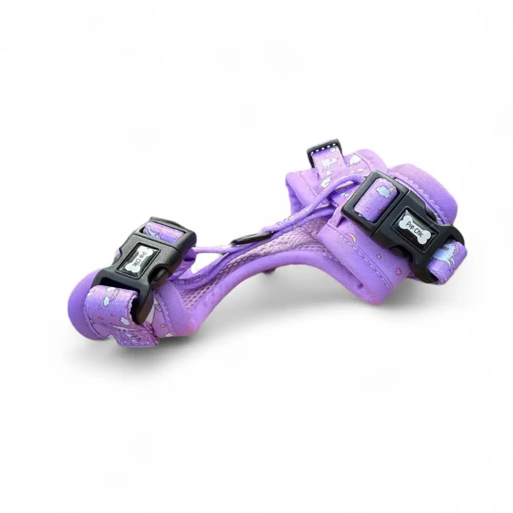 Purple patterned unicorns step-in dog harness with adjustable black buckles and breathable mesh for pup chic style