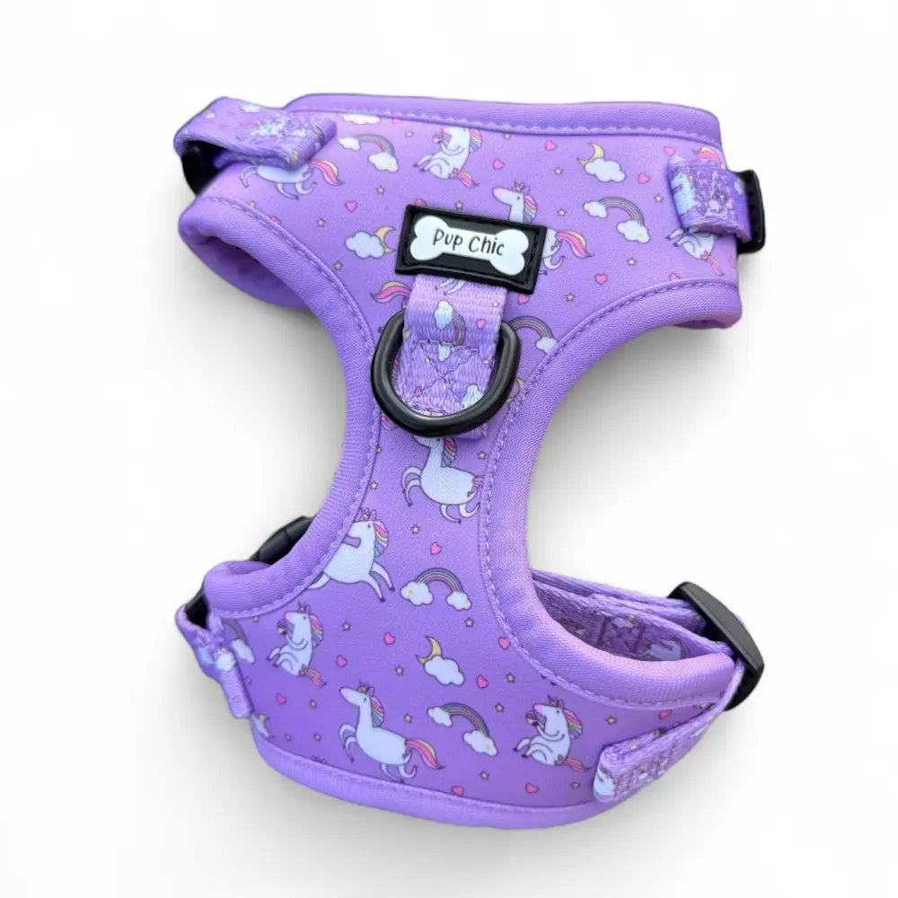 Purple unicorns step-in adjustable small dog harness with black hardware and pup chic brand tag for tiny pups