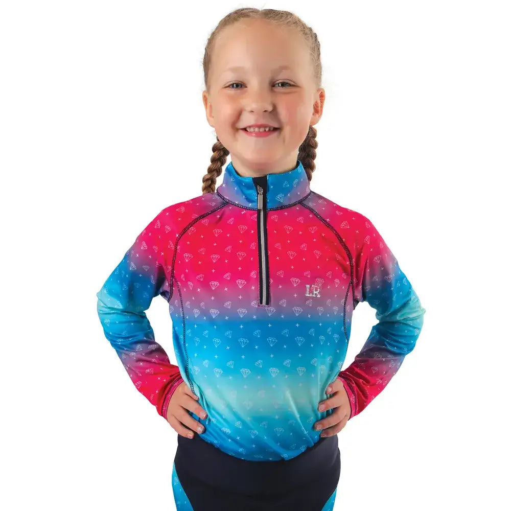 A dazzling diamond base long-sleeved athletic top by little rider with ombre pink to blue and subtle diamond patterns