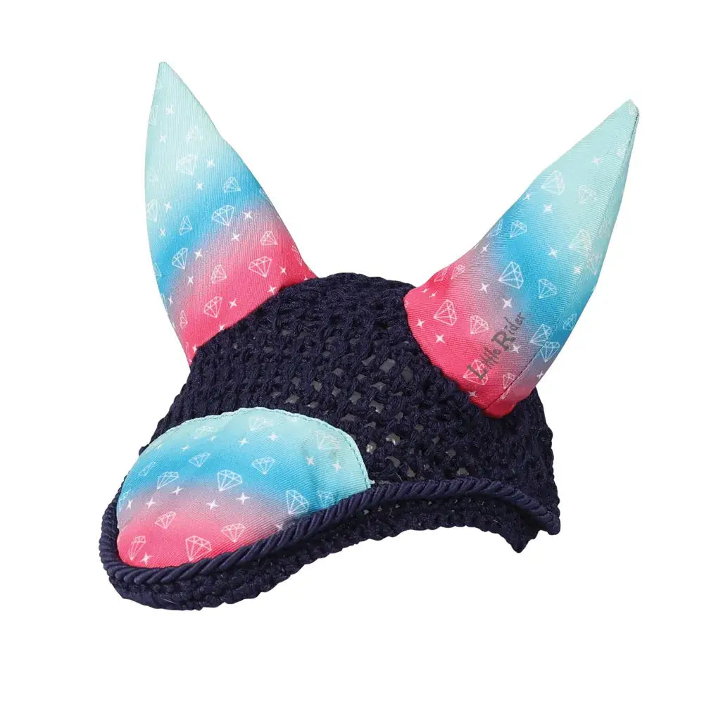 Pastel gradient dazzling diamond fly ear cover with diamond star patterns on black mesh quality close-knit crochet