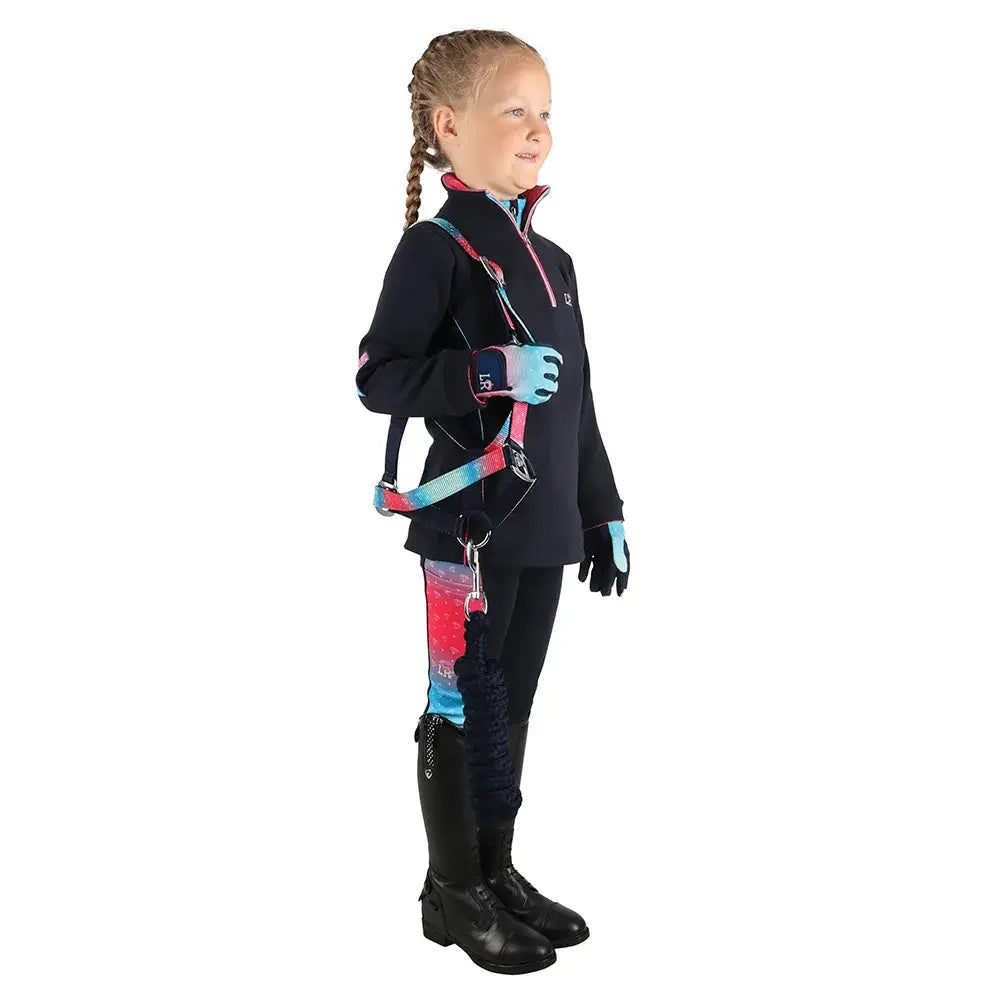 A dazzling diamond head head collar and lead rope set with a vibrant pink and blue gradient design by little rider