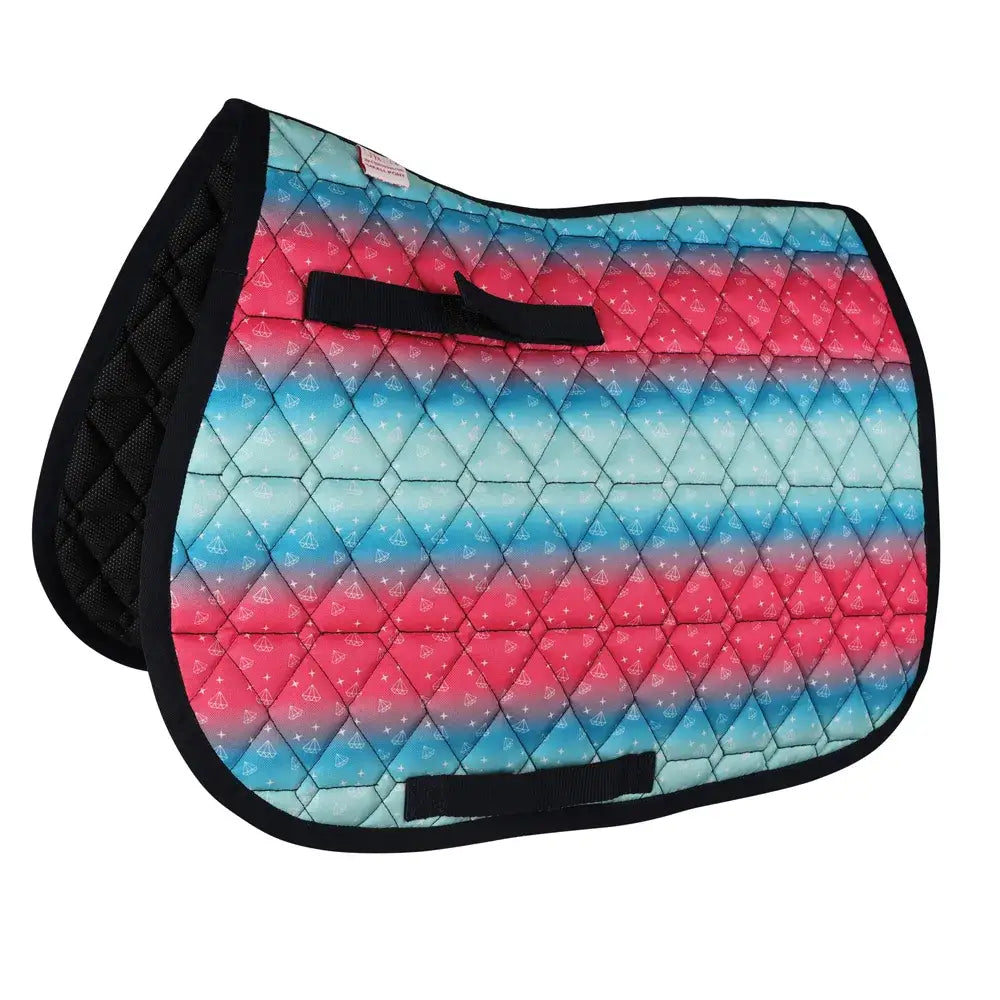 Dazzling diamond saddle quilted saddle pad with vibrant pink and blue gradient stripes and black trim from Little Rider