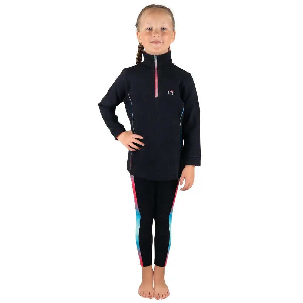 Black long-sleeved dazzling diamond sweatshirt with pink zipper and blue panels by Little Rider for cooler days