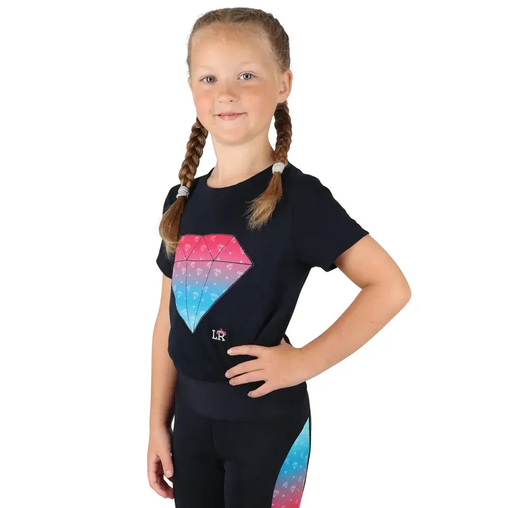 Black short-sleeved dazzling diamond t-shirt by little rider with gradient pink to blue graphic and breathable fabric summer essential