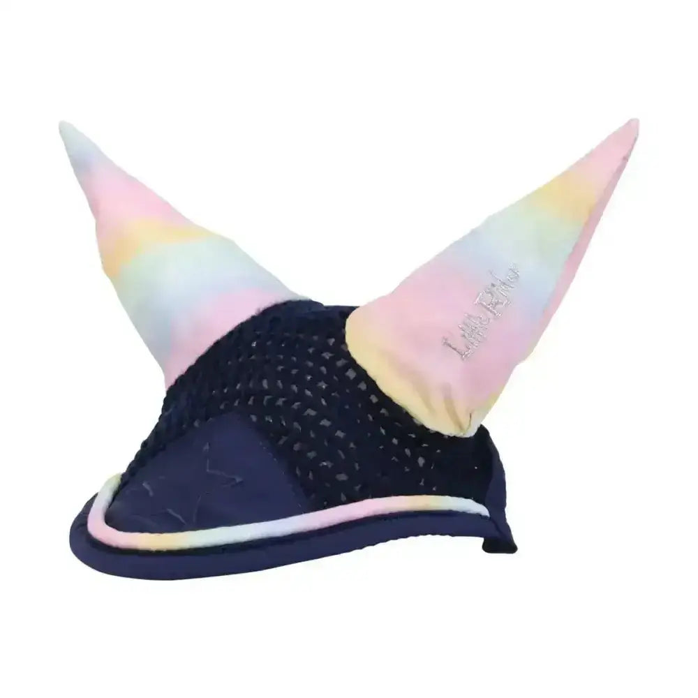 Pastel rainbow dazzling dream fly ear cover with navy close-knit crochet mesh base and elastic band by little rider