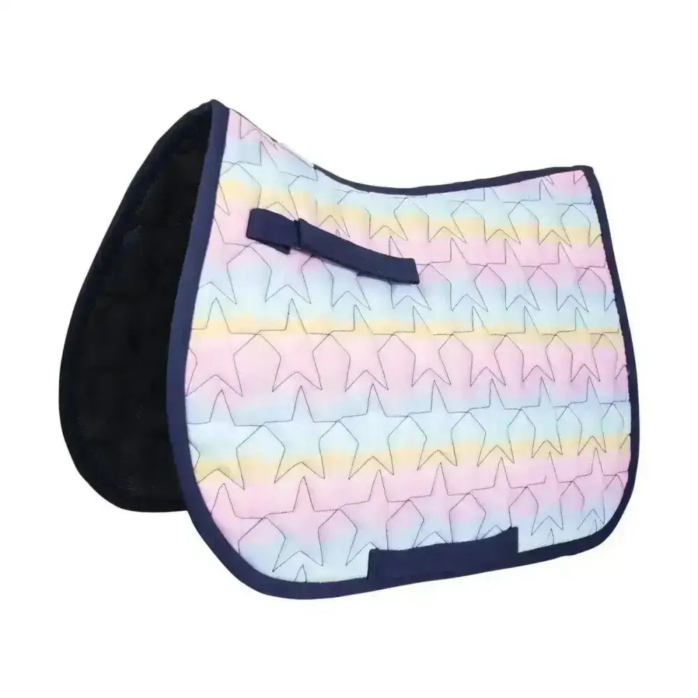 Pastel rainbow star-patterned quilted dazzling dream saddle pad with navy trim and matching strap by little rider