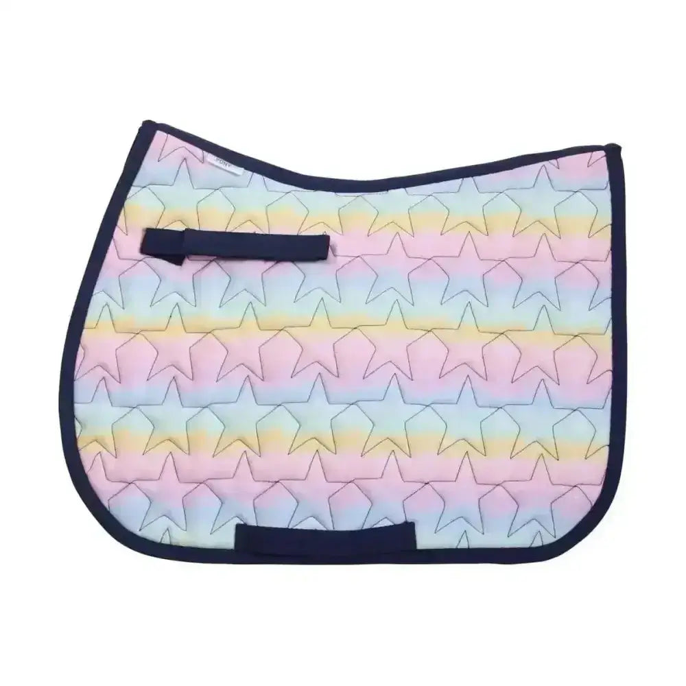 Pastel rainbow star-patterned dazzling dream saddle pad with navy blue trim and straps by little rider