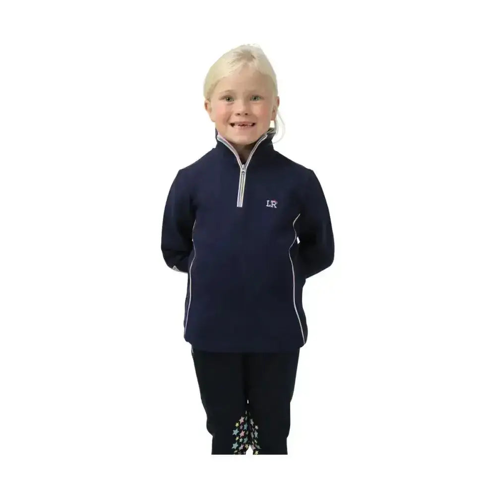 Navy blue half-zip fleece jacket with white dazzling dream piping and silver ¾ zip by little rider