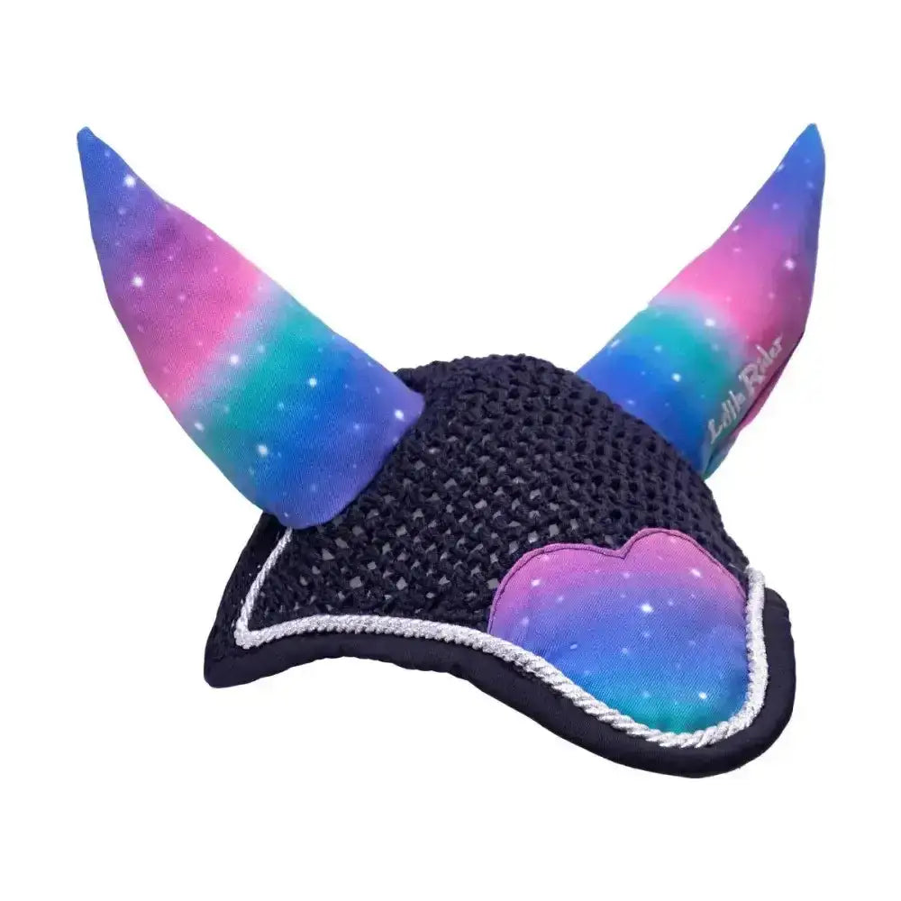 Black mesh earring with galaxy-themed fabric horns and pink-purple cloud patch from dazzling night fly veil by little rider