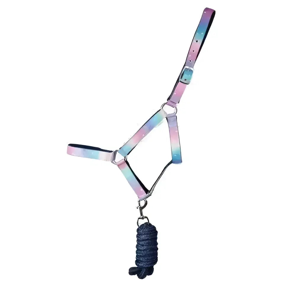 A dazzling night head collar and lead rope set featuring a pastel rainbow horse halter with dark blue braided lead rope