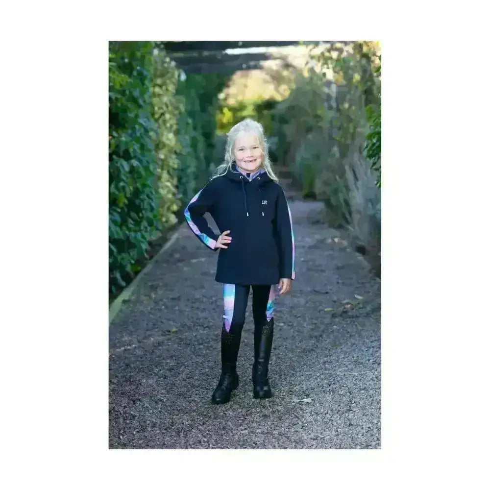 Black hooded dazzling night hoodie by Little Rider with colorful striped sleeves and small chest logo for rider snug