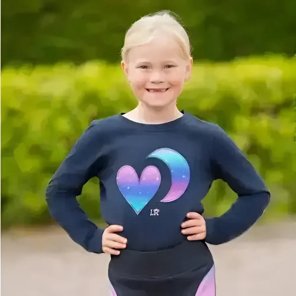 A navy blue long sleeve navy t-shirt with a dazzling night long sleeve heart and crescent moon design by Little Rider
