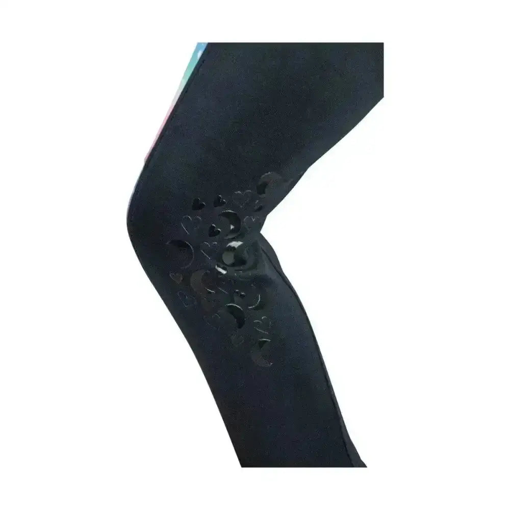 Black knee-high compression sleeve with glossy finish and decorative cut-out patterns for dazzling night riding tights
