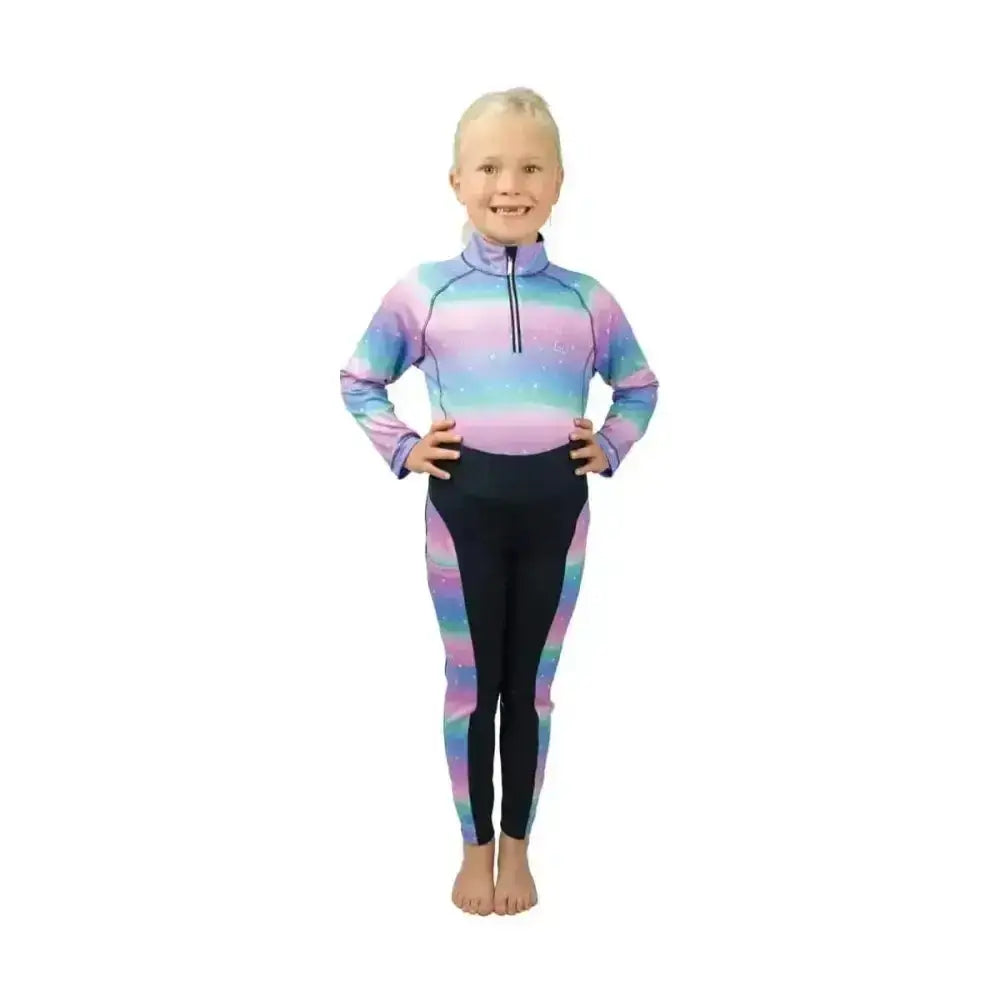 A child wearing dazzling night riding tights with prismatic print panels and a vibrant purple pink blue rash guard