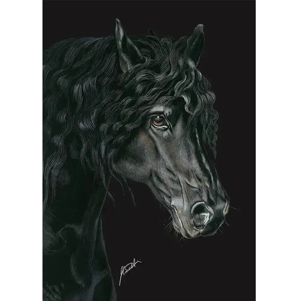 Detailed black-and-gray charcoal friesian horse head drawing with long wavy mane on deckled edge eureka a3 print with backing board and retail sticker featuring exquisite art