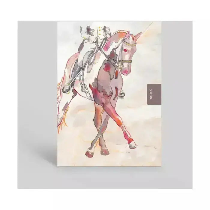 A watercolor style deckled edge notebook dressage horse with a pink and white rider and a small notes tab