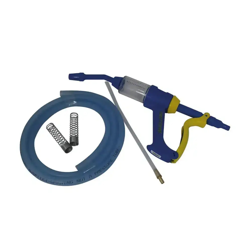 Blue and yellow handheld dectomax pour-on dial-a-dose gun with transparent reservoir coiled blue hose and metal springs