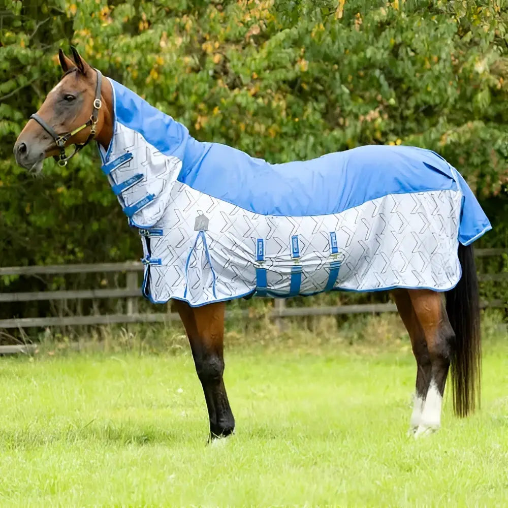 Blue and white defencex shield quagga horse blanket with shielding patterned micromesh and blue straps featuring deep shoulder gussets