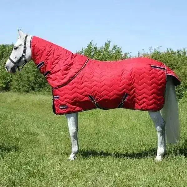 Red quilted horse blanket with black straps and detachable neck from defencex stable rugs 200g medium weight range