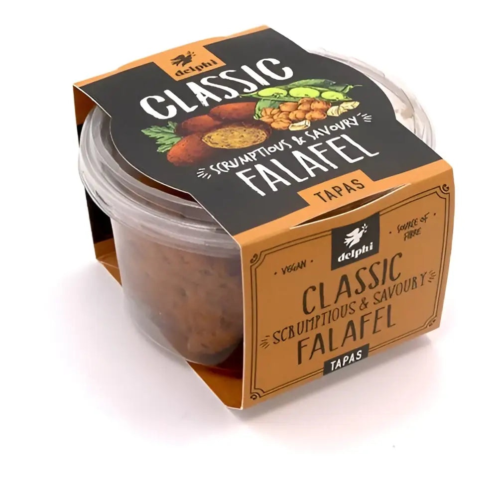 Delphi falafel classic falafel tapas in clear plastic container with orange and black sleeve perfect healthy dip option