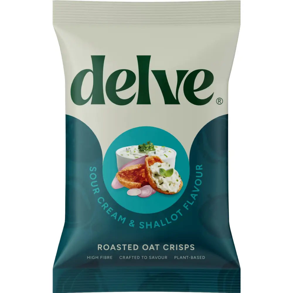 A white and teal package of delve sour cream shallot flavour roasted oat crisps perfect for snacking