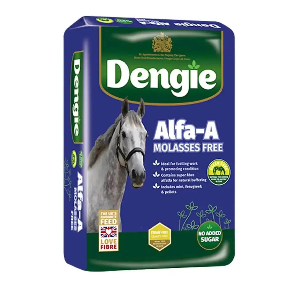 Dengie alfa a molasses free horse feed in blue and green bag with white horse image perfect pure alfalfa fibre feed