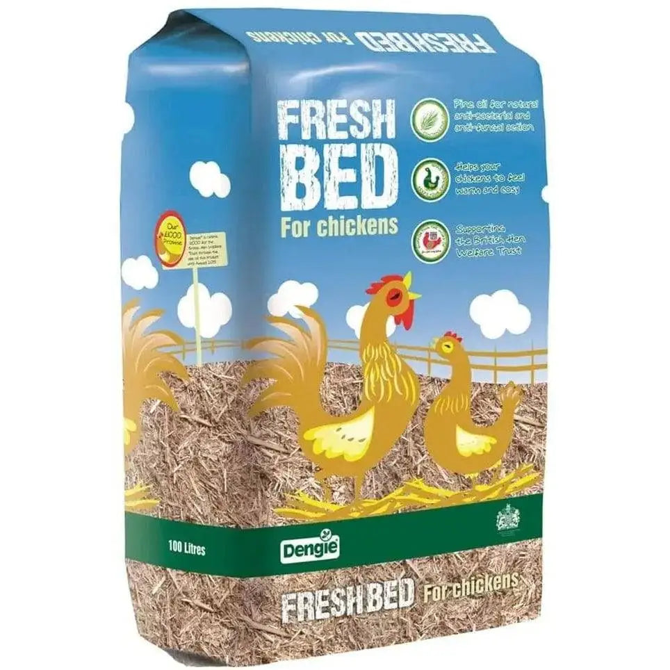Blue and green packaged dengie fresh bed 100 litre chicken bedding with yellow chickens on straw farm scene promoting british hen welfare trust