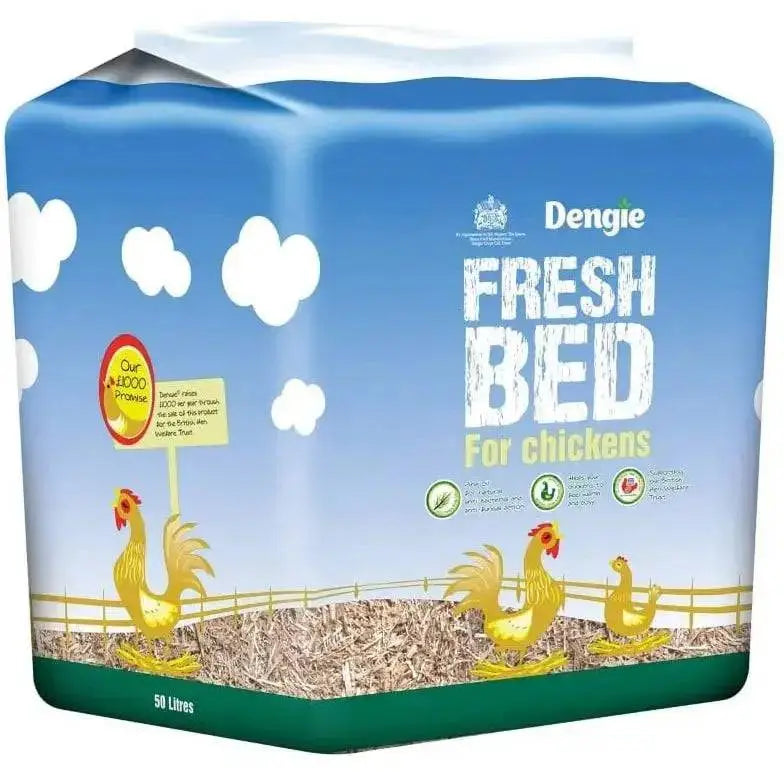 Dengie fresh bed 50l chicken bedding with blue green farm design helps hens feeling warm support british hen welfare trust