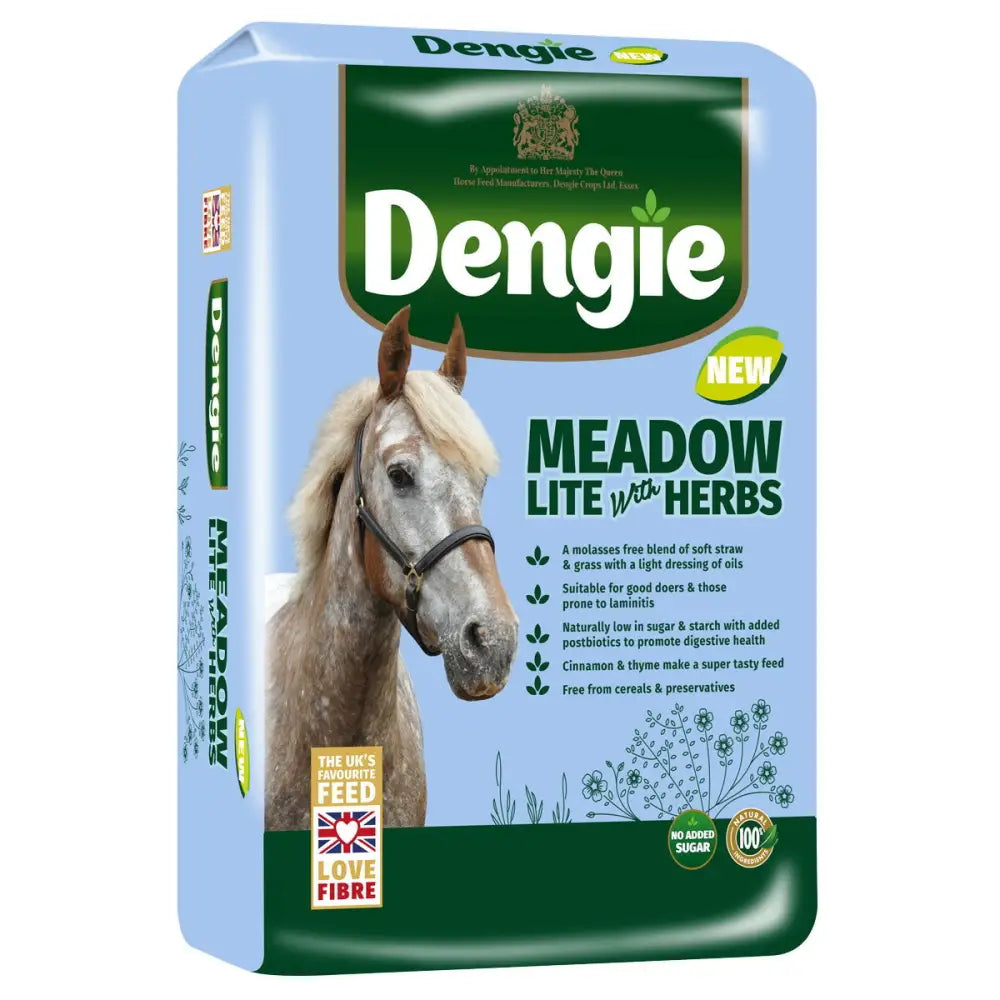 Dengie meadow lite with herbs horse feed in a light blue green bag featuring a white horse image with ultra low-calorie pea hull fibre
