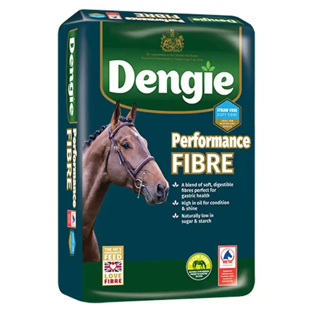 Dengie performance fibre horse feed in a dark green bag with white lettering designed for athletic horses needing high energy fibre