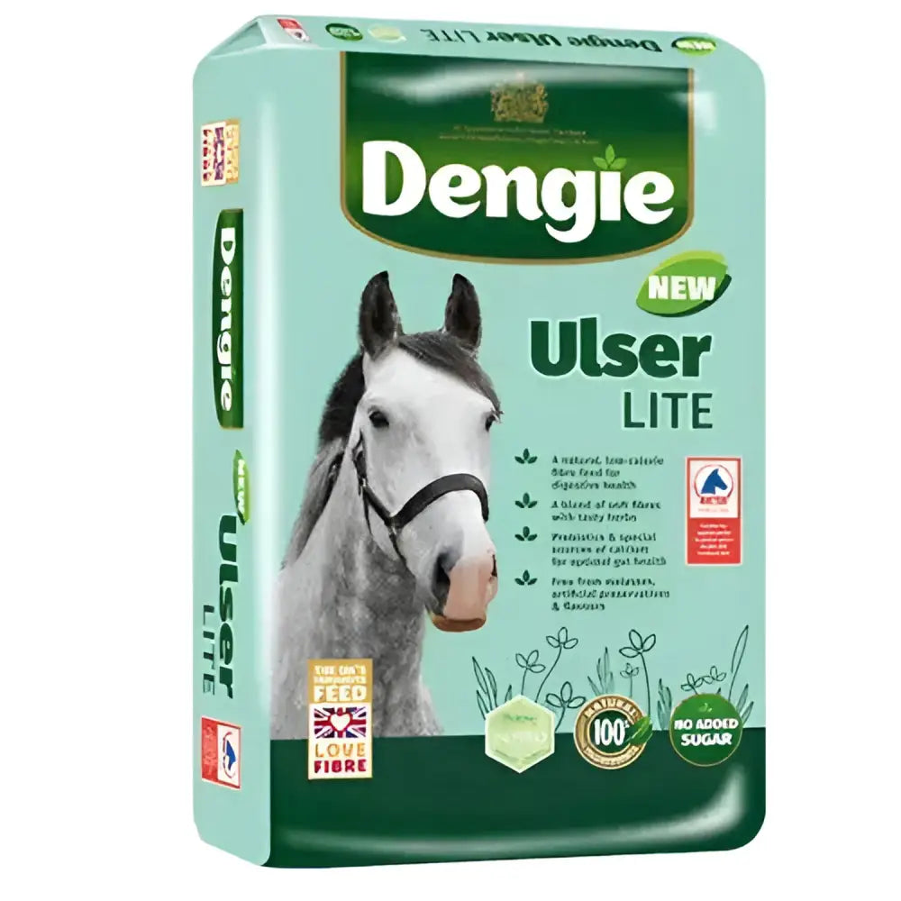 Dengie ulser lite horse feed bag in light teal green with white horse black mane featuring calorie fibre feed benefits