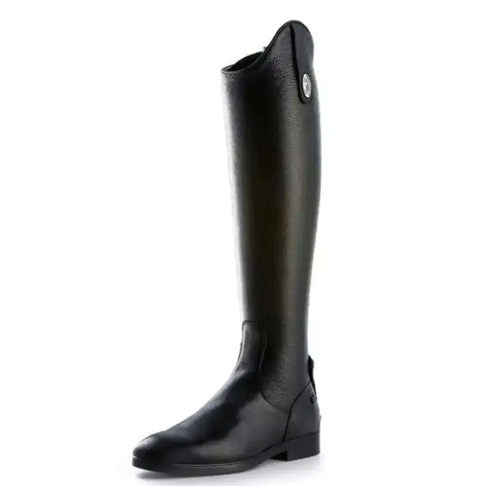 Black leather deniro long riding boots s3311 unlaced with sleek glossy finish and silver emblem near the top