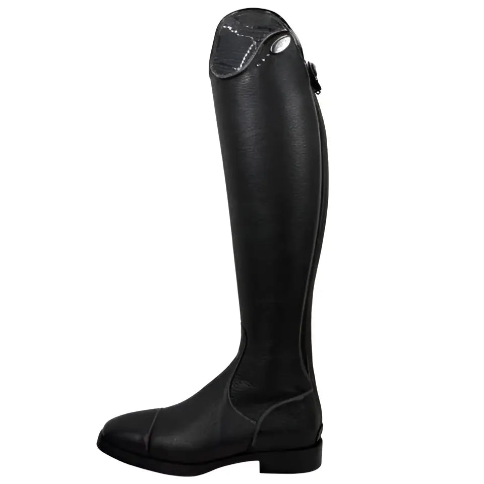 Black leather deniro long riding boot with sleek tall design and subtle stitching from boots salentino unlaced collection