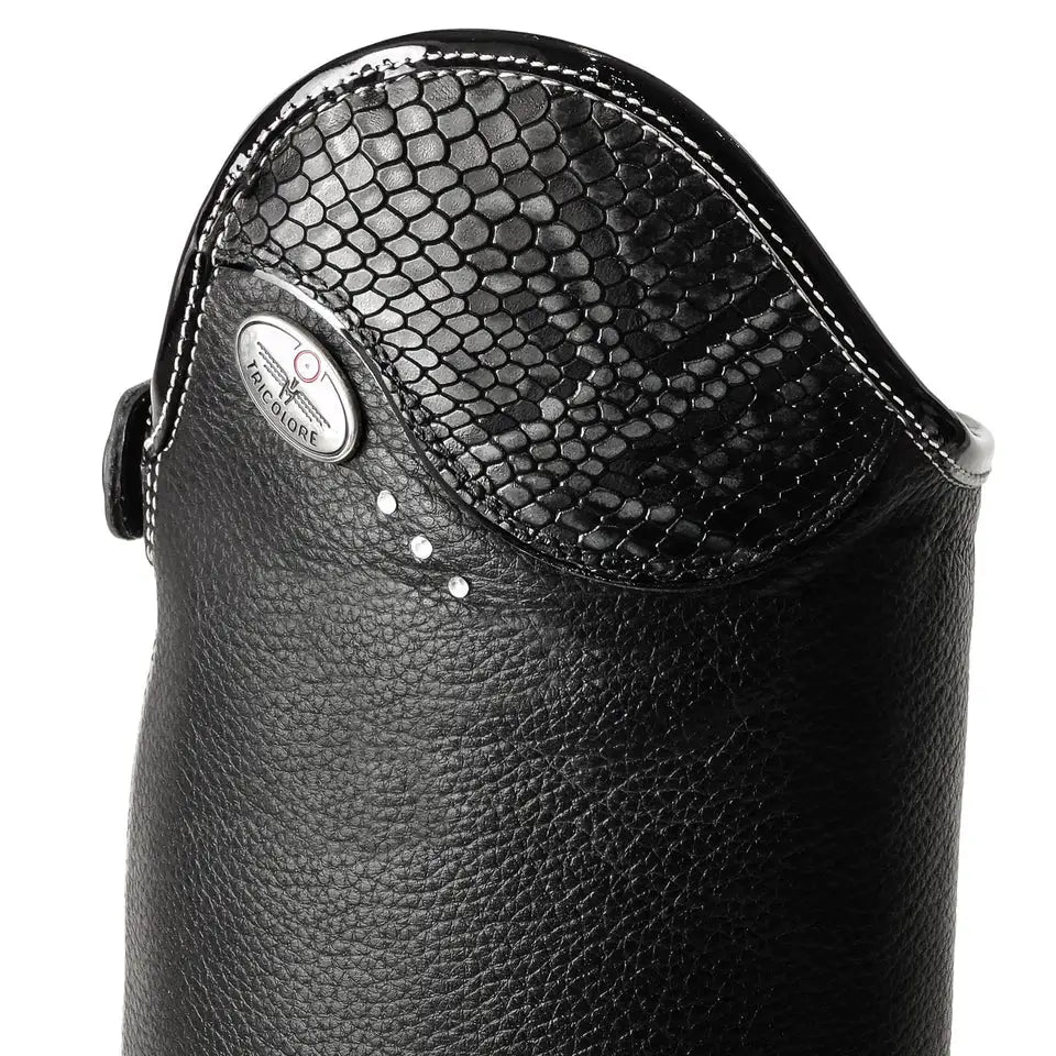 Black leather deniro long riding boots salentino unlaced with snake skin texture and silver stitching