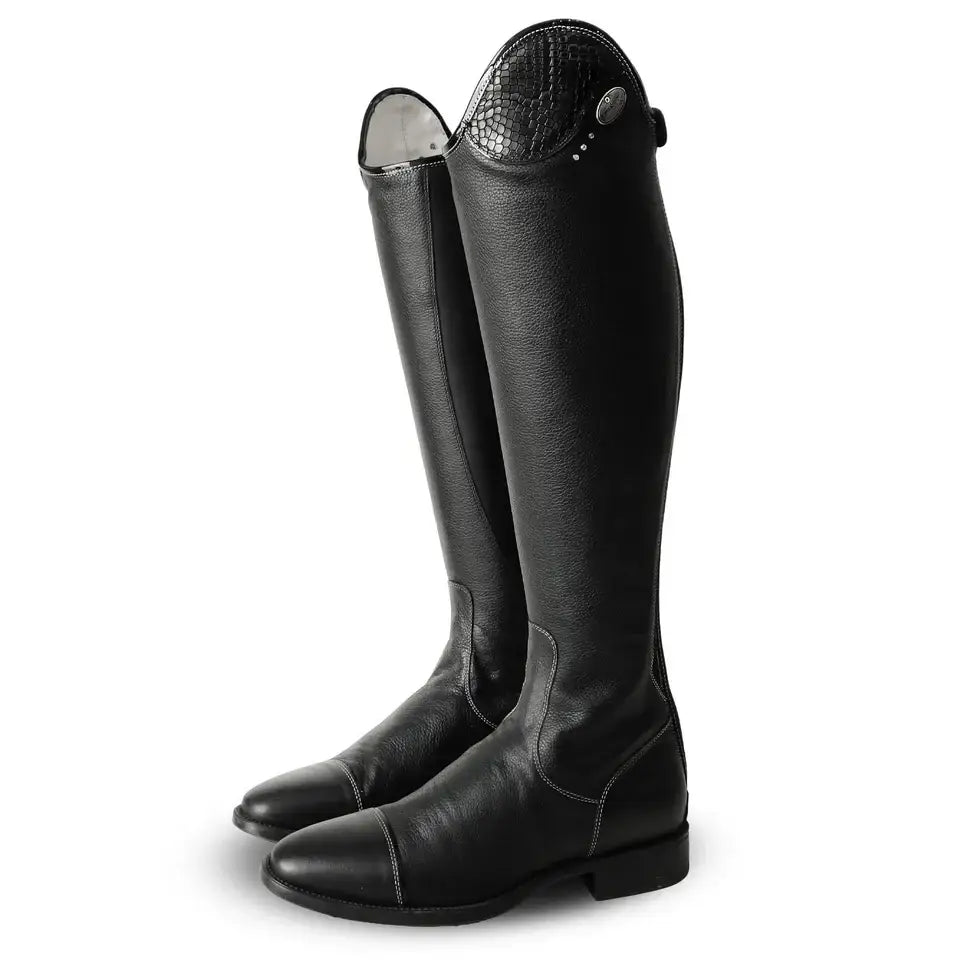 Black leather deniro long riding boots with textured snake skin upper and polished finish riding boots salentino unlaced boots