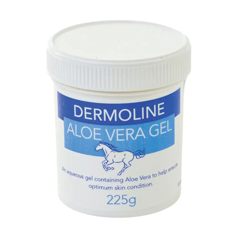 White plastic jar of dermoline aloe vera gel 225g for soothing aloe vera and to optimise skin condition